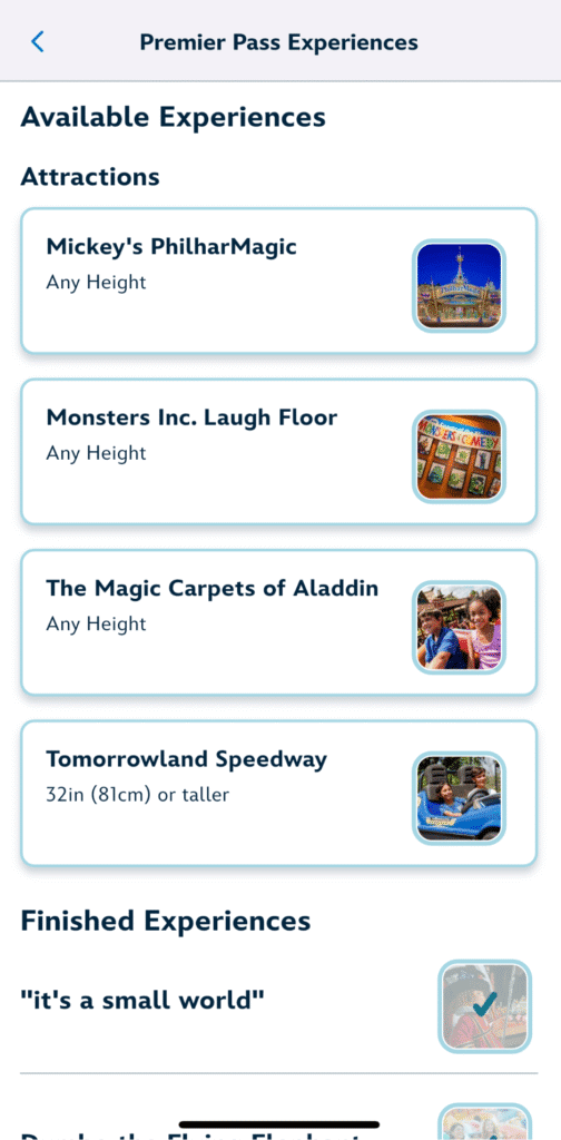 Screenshot of the My Disney Experience app showing Premier Pass attractions, with Mickey’s PhilharMagic, Monsters Inc. Laugh Floor, The Magic Carpets of Aladdin, and Tomorrowland Speedway still available, and “it’s a small world” marked as completed.