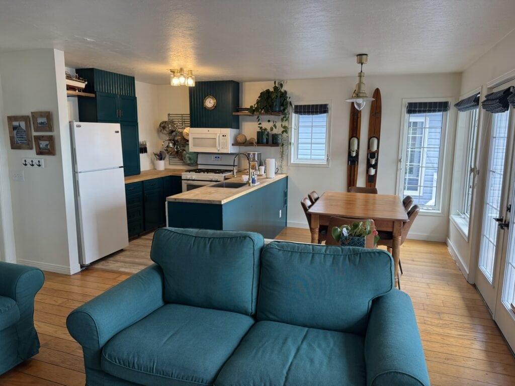 Full kitchen and dining table inside The Lighthouse unit at The Ledges Resort And Marina, perfect for families.