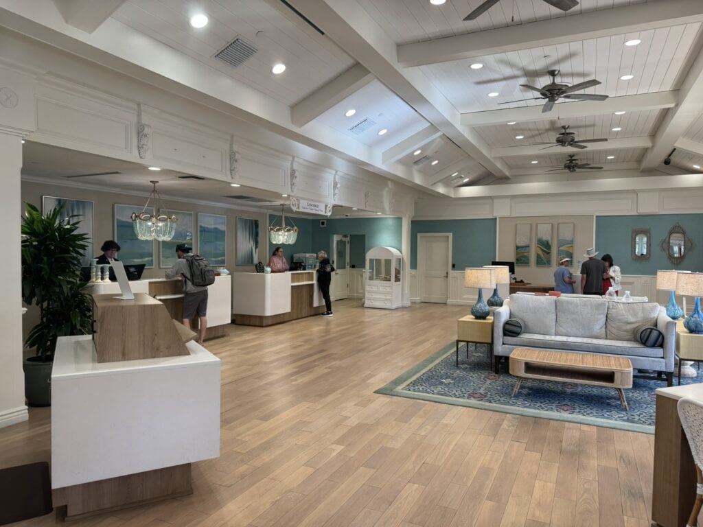 Old Key West Resort with kids lobby area showing the check-in desks and relaxed Key West-style decor at Disney World
