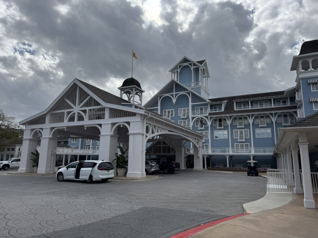 Disney’s Beach Club Resort entrance and porte cochere with coastal New England-style architecture at Disney World