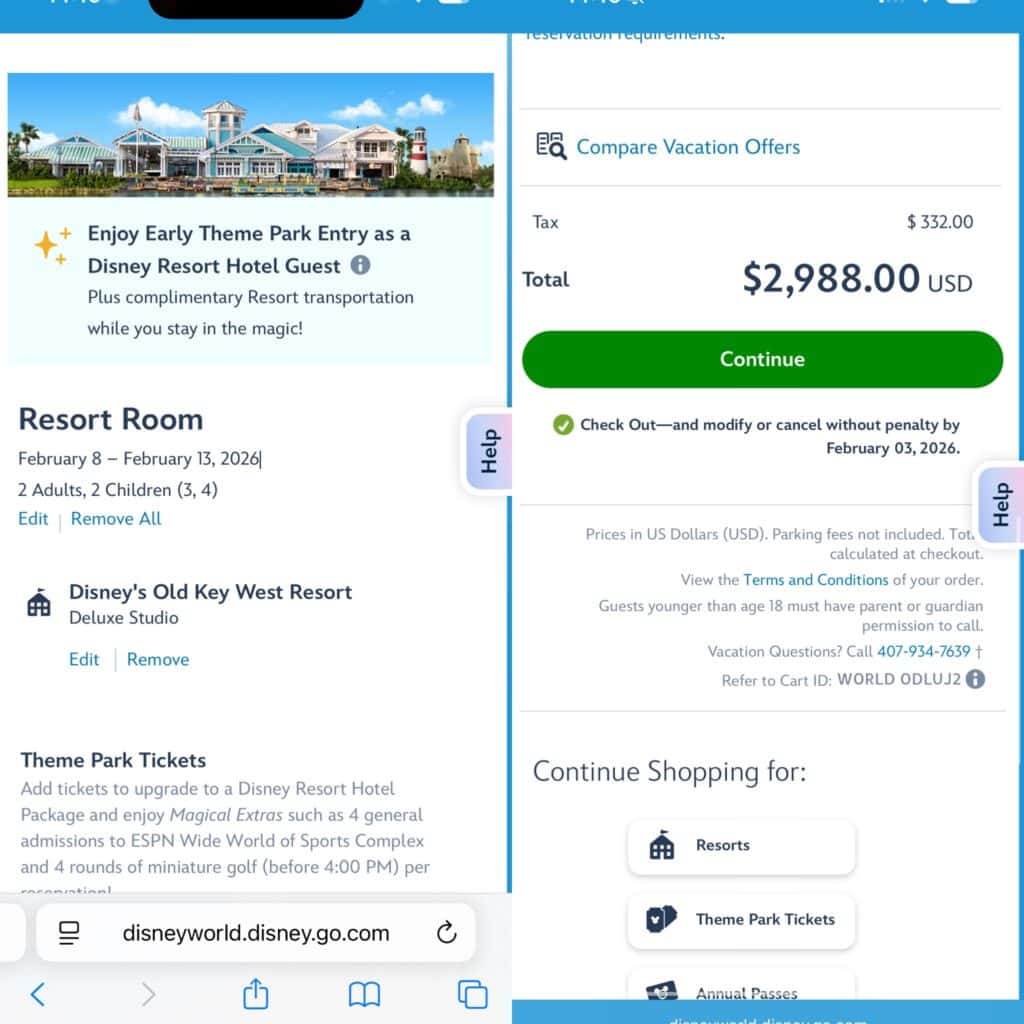 Disney World booking total showing $2,988 for a 5-night Deluxe Studio at Old Key West Resort booked directly through Disney