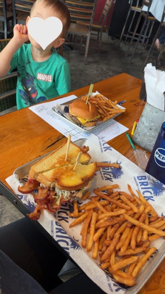 Burger, fries, and sandwich lunch at The Brick in Charleston, South Carolina.