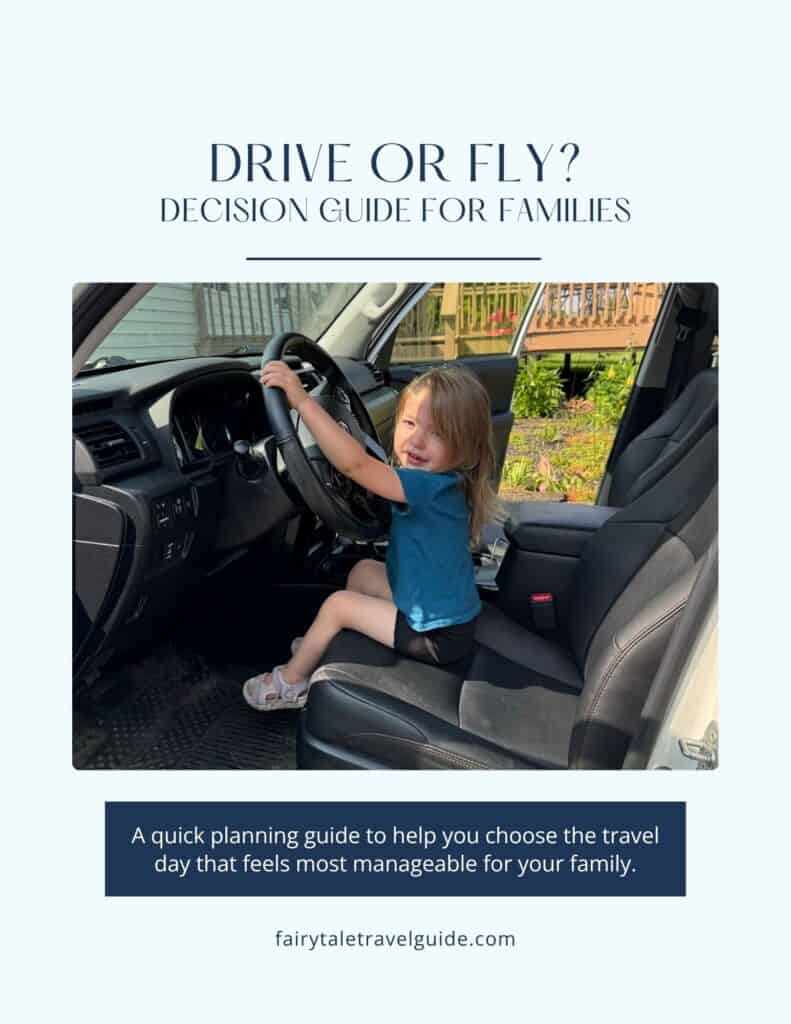 Cover of the Drive or Fly Decision Guide for Families featuring a young child sitting in the driver's seat of a vehicle and a planning guide to help families decide whether to drive or fly with kids.