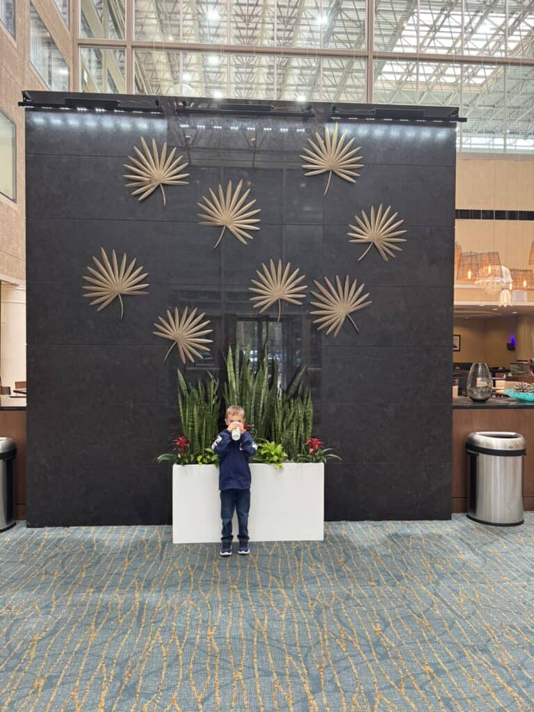 Child standing in front of the decorative lobby wall at Marriott Columbia.